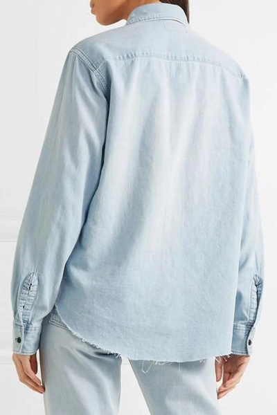 Shop Saint Laurent Distressed Printed Denim Shirt In Light Denim