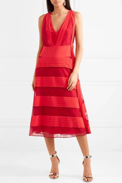 Shop Valentino Lace And Pleated Silk Midi Dress In Claret