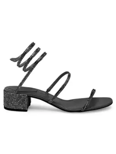 Shop René Caovilla Cleo Ankle-wrap Crystal-embellished Satin Sandals In Black