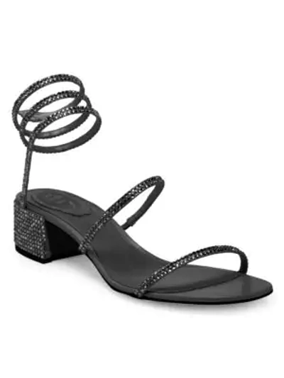 Shop René Caovilla Cleo Ankle-wrap Crystal-embellished Satin Sandals In Black