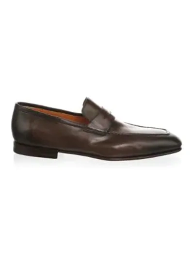 Shop Santoni Leather Penny Loafers In Dark Brown