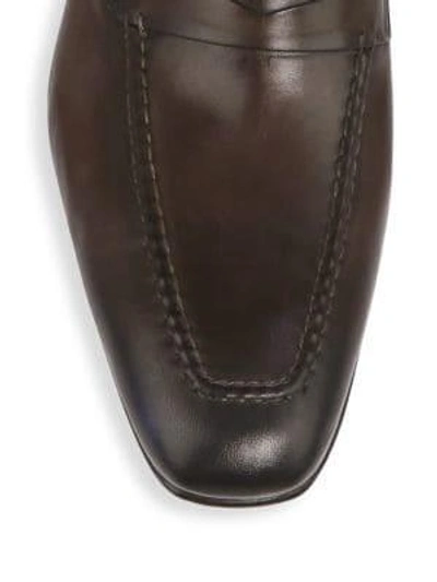 Shop Santoni Leather Penny Loafers In Dark Brown