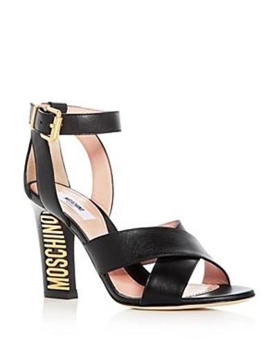 Shop Moschino Women's Leather Logo Crisscross High-heel Sandals In Black