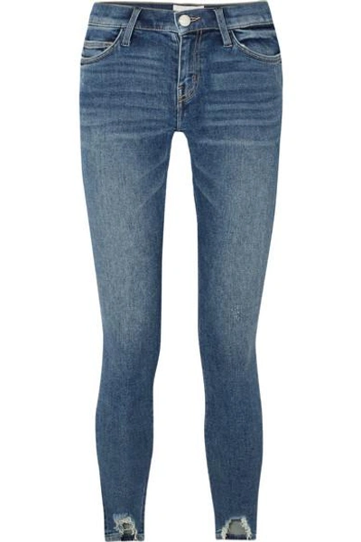 Shop Current Elliott The Stiletto Distressed Mid-rise Skinny Jeans In Dark Denim