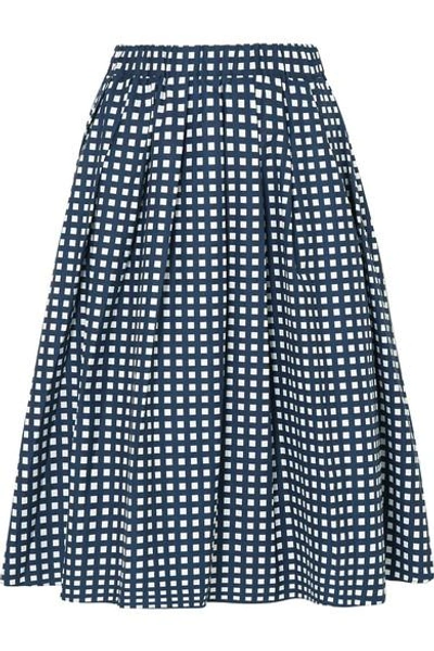 Shop Michael Michael Kors Checked Cotton-blend Poplin Skirt In Navy