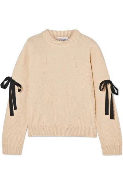 Shop Red Valentino Bow-embellished Ribbed Cotton Sweater In Ecru