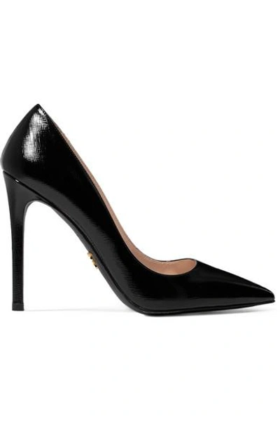 Shop Prada Glossed Textured-leather Pumps In Black