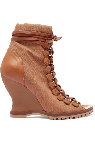 Shop Chloé River Canvas And Leather Wedge Ankle Boots In Tan