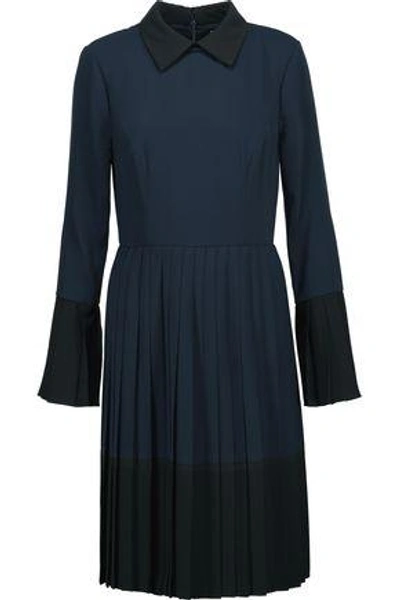 Shop Mikael Aghal Woman Pleated Two-tone Crepe De Chine Dress Midnight Blue