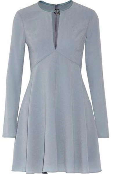 Shop Halston Heritage Leather-trimmed Pleated Crepe Mini Dress In Sky Blue