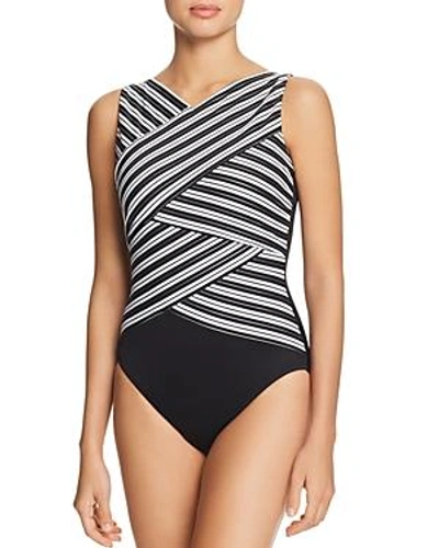 Shop Miraclesuit Mayan Stripe Lyrd Brio One Piece Swimsuit In Black/white