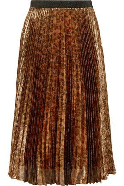 Shop Christopher Kane Woman Pleated Leopard-print Silk-blend Lamé Midi Skirt Gold