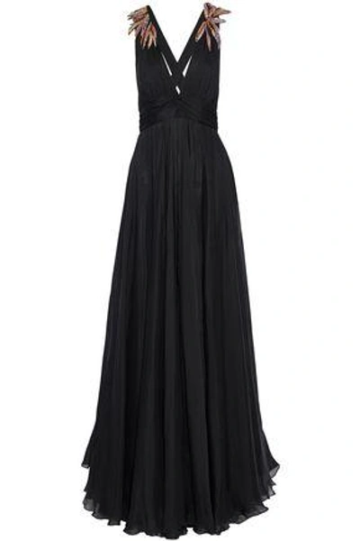 Shop Emilio Pucci Woman Knotted Embellished Pleated Silk-chiffon Gown Black