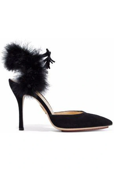 Shop Charlotte Olympia Woman Feather-trimmed Suede Pumps Black