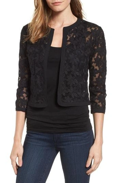 Shop Anne Klein Floral Embroidered Mesh Cardigan In Black