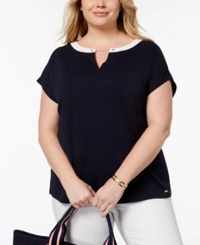 Shop Tommy Hilfiger Plus Size Chain-link-trim Top, Created For Macy's In Sky Captain/ivory