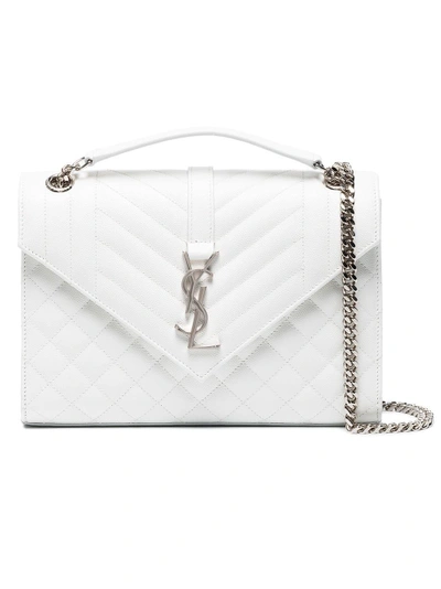 Shop Saint Laurent White Monogram Leather Shoulder Bag