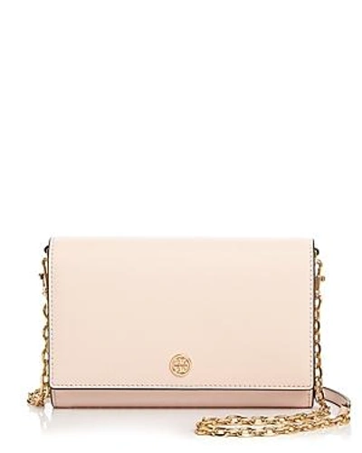 Shop Tory Burch Robinson Leather Chain Wallet In Pale Apricot/gold