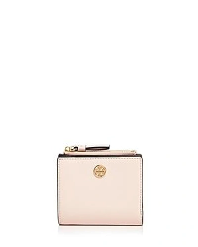 Shop Tory Burch Robinson Mini Leather Wallet In Pale Apricot Pink/gold