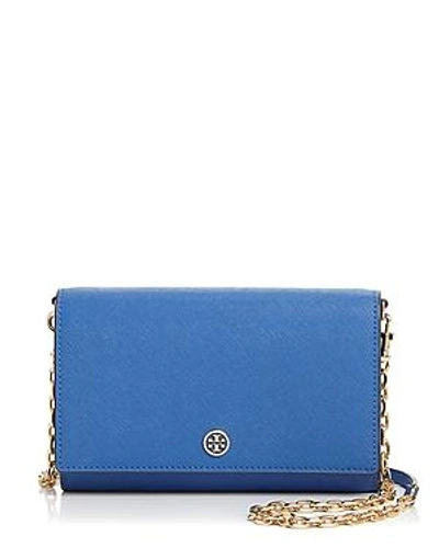 Shop Tory Burch Robinson Leather Chain Wallet In Regal Blue/gold