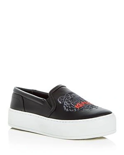 Shop Kenzo Women's Tiger Embroidered Leather Slip-on Platform Sneakers In Black