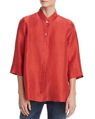 Shop Eileen Fisher Silk Mandarin-collar Top In Coros