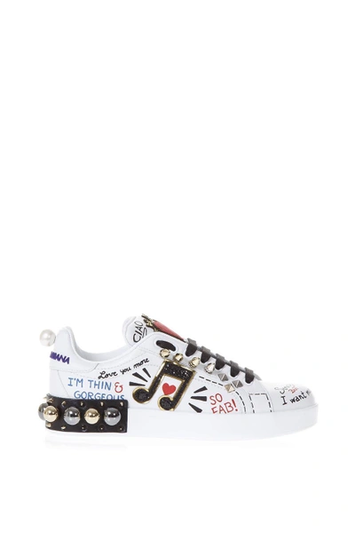 Shop Dolce & Gabbana Music Printed Leather Sneakers With Patch In White