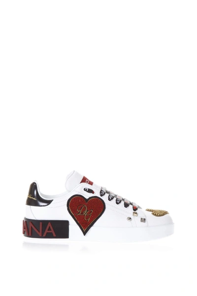 Shop Dolce & Gabbana Embellished White Leather Sneakers