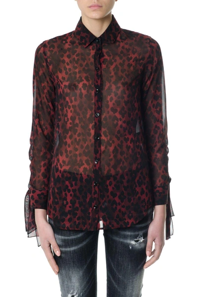 Shop Saint Laurent Red Silk Leaopard Printed Shirt