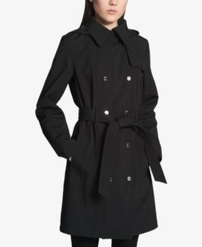 Shop Calvin Klein Hooded Belted Trench Coat In Black