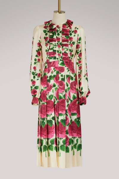 Shop Gucci Rose Garden Print Silk Dress In Ivory