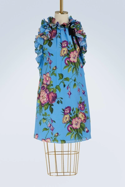 Shop Gucci August Bouquet Silk Dress In Light Blue