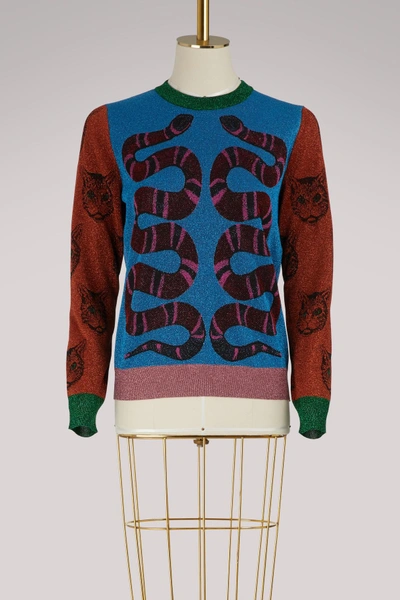 Shop Gucci Snakes Lurex Sweater In Blue/red/green