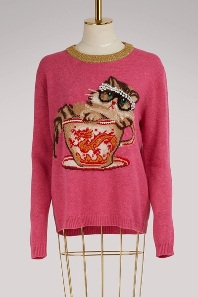 Shop Gucci Cat & Glasses Knit Sweater In Pink