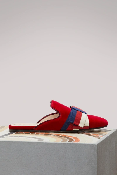 Shop Gucci Velvet Slippers With Sylvie Bow In Red