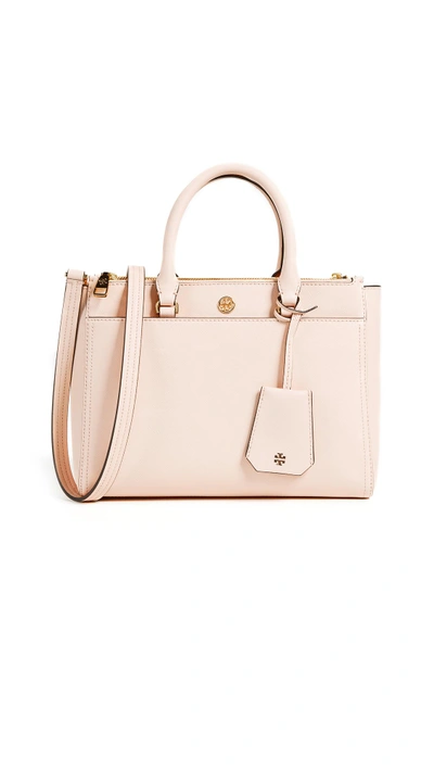 Shop Tory Burch Robinson Small Double Zip Tote In Pale Apricot/royal Navy