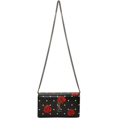 Shop Saint Laurent Black Roses & Polka Dot Chain Wallet Bag