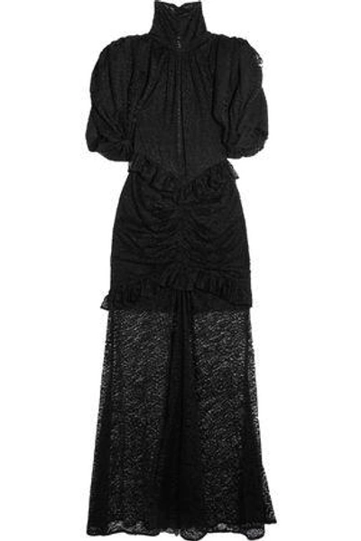 Shop Alessandra Rich Ruffle-trimmed Ruched Lace Gown In Black