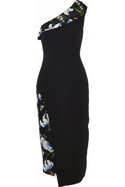 Shop Cinq À Sept Woman One-shoulder Embroidered Satin-paneled Crepe Midi Dress Black