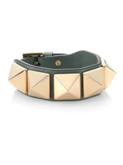 Shop Valentino Studded Leather Bracelet In Green Yellow Gold