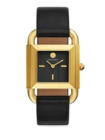 Shop Tory Burch Phipps Goldtone Two-hand Leather Strap Watch In Black Yellow Gold