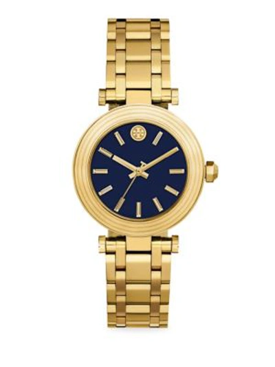 Shop Tory Burch Classic T Quartz Stainless Steel Bracelet Watch In Navy Yellow Gold