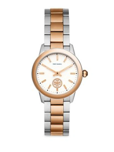 Shop Tory Burch Collins Quartz Stainless Steel Bracelet Watch In Rose Gold Silver