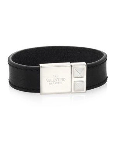 Shop Valentino Leather Logo Bracelet In Nero Ivory