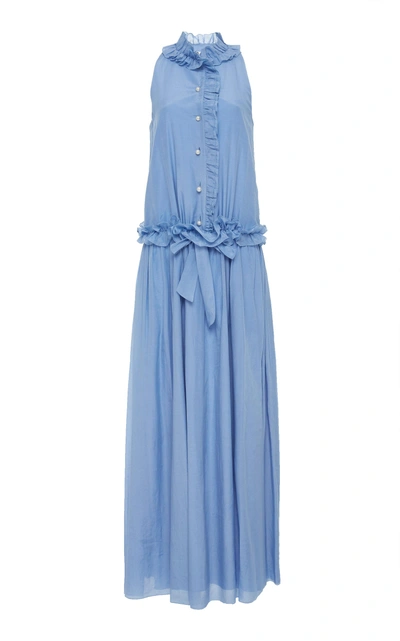 Shop Lanvin Ruffled Sleeveless Silk Maxi Dress In Blue