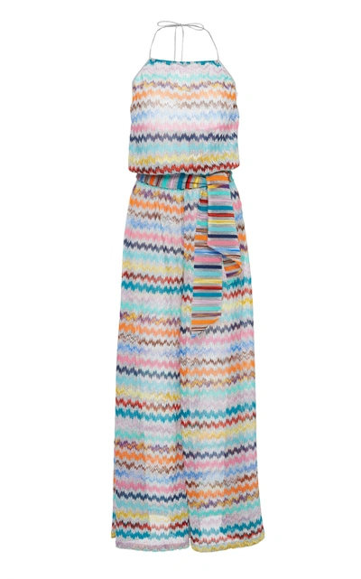 Shop Missoni Metallic Printed Apon Neck Belted Jumpsuit In Silver