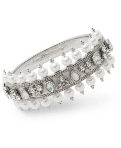 Shop Marchesa Crystal & Imitation Pearl Bangle Bracelet In Silver