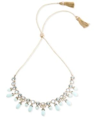 Shop Marchesa Gold-tone Crystal, Stone & Tassel Slider Necklace In Blue