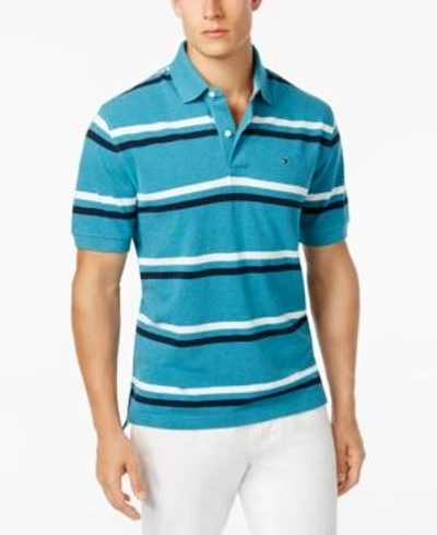 Shop Tommy Hilfiger Men's Classic-fit River Stripe Pique Knit Polo In Ocean Waves Heather
