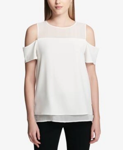 Shop Calvin Klein Cold-shoulder Chiffon Top In Soft White